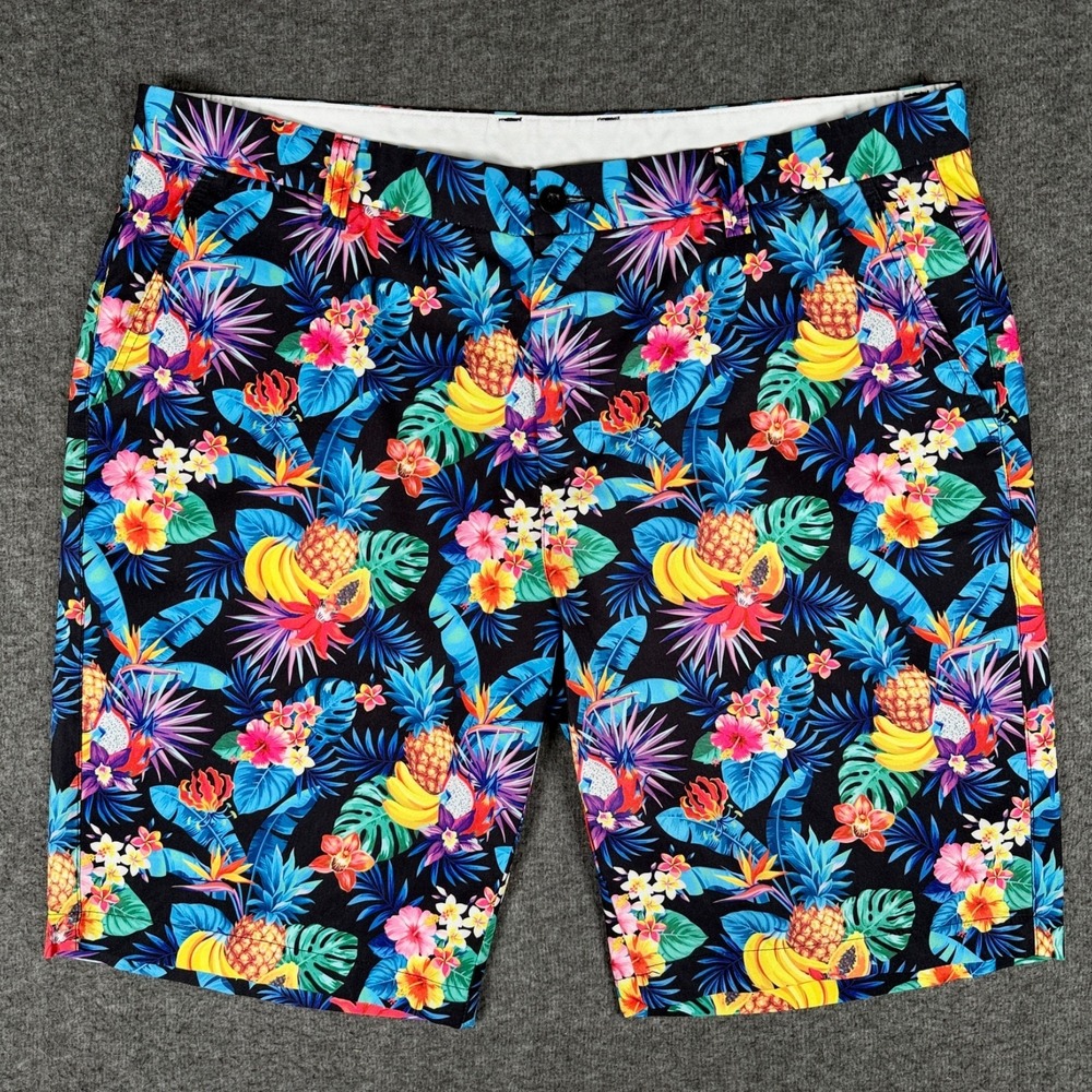 HRESKI Shorts Mens 38 Blue Floral Pineapple Tropical Hawaiian Performance Chino